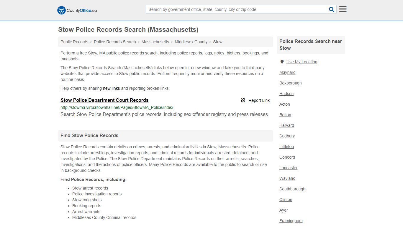 Police Records Search - Stow, MA (Accidents & Arrest Records)